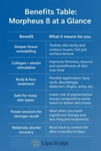 How Often Can I have Morpheus 8? 3 Table showing the benefits of Morpheus 8 treatment from Lipo Sculpt Hassocks
